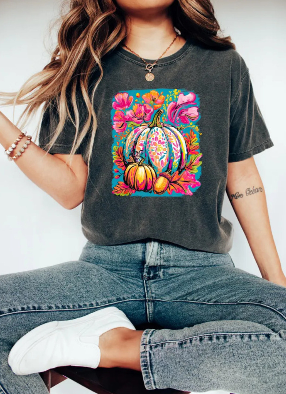 Floral Pumpkin Comfort T-Shirt, Autumn Flowers Shirt, Pumpkin Fall T-Shirt